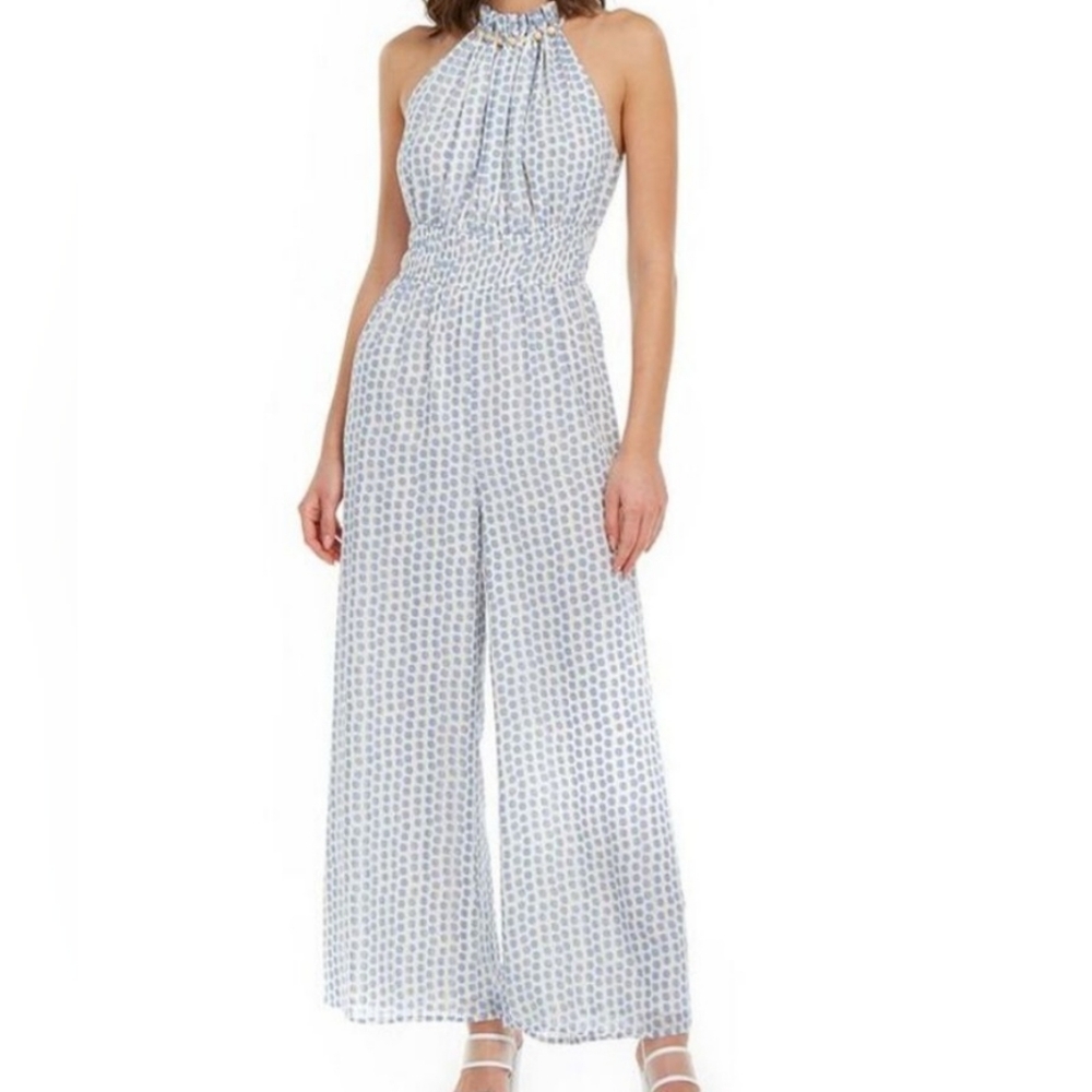 Moon River Halter Neck Jumpsuit Light Blue White Polka Dots Size M